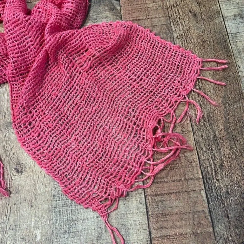 Yak Mountain Looms 100% Silk Scarf Pink Open Weave with Fringe Ends